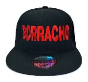 “Borracho” Flat Bill Snap Back Ball Cap Black Hat Red Lettering Adjustable