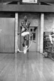 Philadelphia Warriors rookie Wilt Chamberlain jumping rope during - Old Photo