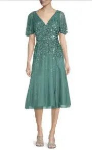 Aidan Mattox Beaded V-Neck Short Sleeve A-Line Midi Dress SIZE 14 In Green Slate