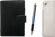 Eco B7 Cowhide Leather Mini Notebook and Horizontal Hook Pen Case White Metal & Pitch Grip Ballpoint Pen Set Blue LS002B-NK01W-WZ2067BP-L
