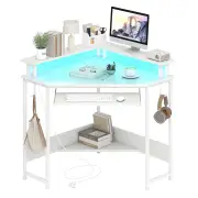 CostwayHome Triangle Gaming Desk with LED and Charging Station for Small Space-White