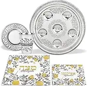 Stunning Pomegranate Passover Seder Set - Round 12" Seder Plate - Kiddush Cup and Saucer - 3 Pocket 15" Silk Matzo Cover, Matzah Afikoman Bag Decorative Pesach Seder Dinnerware Set By Zion Judaica
