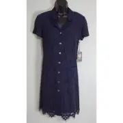 Vince Camuto Lace Dress Button Front Short Sleeve Navy Blue Size 8