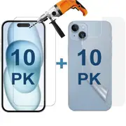 10 Set Tempered Glass Screen Protector for Apple iPhone 15 Front and Film Back Bulk