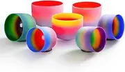 Rainbow Frosted Quartz Crystal Singing Bowl, 6-12 Inch Set, For Yoga, Sound Healing, Crystal Cleansing, Meditation, With Suede Striker, Rubber Mallet(440Hz)