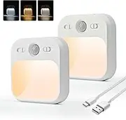 AmmToo LED Night Light with Motion Sensor, Rechargeable USB Night Light Children with 3 Modes (Auto/On/Off), 3 Light Colours, Warm White Night Lamp for Hallway, Bathroom, Bedroom, Orientation Light