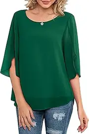 [Neineiwu] Womens Casual Scoop Neck Loose Top 3/4 Sleeve Chiffon Blouse Shirt Tops