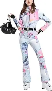 [QJBMEI] Women's Fashion Solid Color One-Piece Ski Suit Stretch Slim Winter Hooded Snowsuit Adult Outdoor Ski Jumpsuit