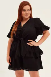 Black Short Playsuit Flare Sleeve Tie Front