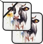 2 Pack Pot Holders for Kitchen Heat Resistant Potholders Watercolor Cow and Daisy Flower Pot Holders Set Washable Hot Pads with Loop Non Slip Potholders for Cooking Baking BBQ Microwave 8 x 8 Inch