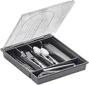 Cutlery Drawer Organiser With Lid, Silverware Organizer, Kitchen Utensil Storage, 5 Compartments Flatware Tray For Kitchen Drawer And Countertop, Spoons Forks Knives Holder Storage Dividers (Grey)