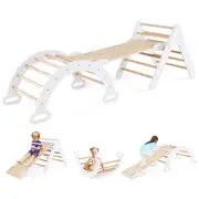 Babyjoy Climb Playset 3-in-1 Kids Climbing Toys Playset Wood Rocking Arch Slide Set w/Double Sided Ramp Grey