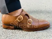 Handmade Men's Tan Python Textured Leather Shoes, Men Double Monk Strap Shoes