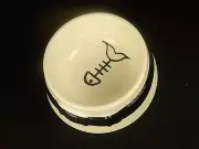 6" Ceramic Cat Food/Water Bowl, White w/Black Highlight, Hand Painted Details,