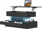 Ufurniture Lift Top Coffee Table, 2-Tier LED Side Tea Table with Hidden Compartment & 2 Fabric Drawers Display Shelf for Office Home Living Room Furniture, Black