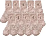 [Jaksairos] Cozy Coral Fleece Slipper Socks 5/10 Packs Winter Embroidery Half Velvet Padded Socks Fuzzy Plush Floor Socks
