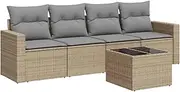 vidaxl Garden Sofa Set Outdoor Furniture - 5-Piece Modular Patio Couch with Cushions in Beige Poly Rattan for Terrace/Backyard/Patio with Glass Table