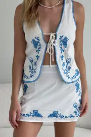 White Abstract Mini Skirt A Line Placement Embroidery - Size 16XL, Women's A Line Skirt
