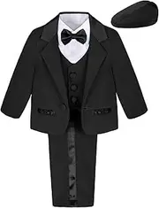 [A&J DESIGN] Baby Boys Suit, 5Pcs Gentleman Tuxedos Outfits Jacket & Shirt & Vest & Pants & Hat