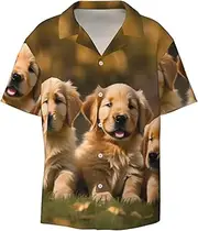 [VPPUR] Golden Retriever Dogs Puppies Pets Print Fashion Short Sleeve Button Down Cuban Collar Shirt Left Chest Convenient Pocket