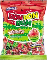 Colombina Bon Bon Bum Lollipops w/Bubble Gum Center, Watermelon Flavor, Individually Wrapped, Ideal for Party Favors and Gifts, 1 Pack (24 Count)