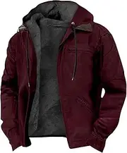 Zylphorix Men Zip Up Drawstring Hooded Sweater Faux Fur Lined Cotton-Padded Jacket Winter Zipper Classy Cozy Solid Warm Coat
