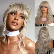 Platinum Sliver Lace Frontal Wig With Bangs 100% Human Hair Wig Water Wave