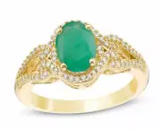 Oval Emerald and 1/5 CT.T.W. Diamond Frame Scrolling Split Shank Gold Ring