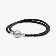 *BRAND NEW* Pandora Moments 925 Silver Double Black Leather Bracelet 590745CBK