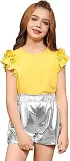 [Mirawise] Girls Short Sets 2 Piece Outfits Metallic Shiny Shorts Ruffle Sleeve Shirt