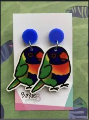 Rainbow Lorikeet Bird Dangle Earrings, Teacher Surgical Steel Stud, Blue Acrylic