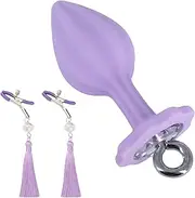 Couples Luxury Base Butt Plug Silicone Massage Butt Plug with Adjustable Nipple Clamps Anal Sex Toy for Women