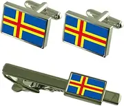 [Select Gifts] Åland Islands Flag Cufflinks Tie Clip Matching Box Gift Set