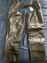 Black Motorcycle Leather Chaps Men Women Biker Riding w/ Zip Out Liner, Size 5XL