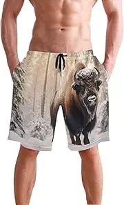 [XYMZR] Men's Swim Trunks Snowy Forest Bison Quick-Dry Bathing Suit Swimming Board Shorts S