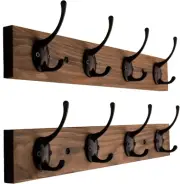 Wooden Wall-Mounted Coat Hooks, 4-Hook Hat Rack for Entryway (2 Pack, Brown)