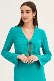 Green Long Sleeve Tie Front Textured Tie Top - Size 12, Women's Bolero