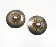 Taxco Vintage Sterling Silver Hammered Disc Twisted Brass Accent Earrings TR-73