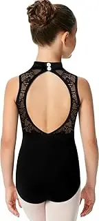 [Tegmk] Girls Turtleneck Dance Leotard for Ballet, Lace Neckline, Full Front Lining, Hollow Back