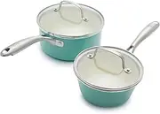 GreenLife Artizan Healthy Ceramic Non-Stick 14cm/1l and 18 cm/2l Saucepan Pot Set with Lids, Stainless Steel Handle, Induction, PFAS-Free, Oven Safe, Turquoise