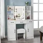 Makeup Vanity Stool Set with LED Lighted Mirror + 3 Drawers Dressing Table White