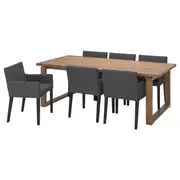 MÖRBYLÅNGA / MÅRENÄS table and 6 armchairs, oak veneer brown stained/black Gunnared dark grey, 220 cm