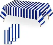 OQOQ Navy Blue and White Striped Tablecloth(3 Pack) - 54x108 Inches Father's Day Party Decoration Supplies Disposable Plastic Rectangular Table Cloth for Birthday Ocean Nautical Theme Party Picnic