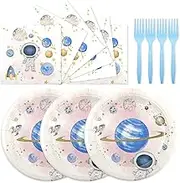 75PCS Space Birthday Party Supplies Decorations, Outer Space Theme Paper Plates and Napkins First Trip Around The Sun Disposable Party Dessert Plates Dinnerware for Birthday Baby Shower Party Favor