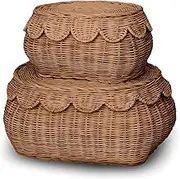 Rattan Basket Set - Small Scalloped Round Wicker Storage Basket with Lid(Brown)
