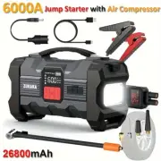 6000A Car Jump Starter Air Compressor, 26800mAh, USB-C, LED Light,Safety Feature