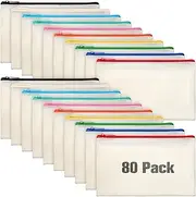 80 Pack Canvas Zipper Makeup Bags Bulk Pencil Pouches Blank DIY Craft Canvas Cosmetic Bag Pouch with Zipper for Makeup Cosmetic Toiletry Stationary Storage (Colorful Zippers)