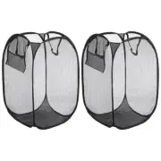 2 Pcs Mesh Laundry Basket Collapsible Laundry Hamper with Handles Pocket, Black