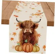 Fall Table Runner Cow Pumpkin Maple Leaf Burlap Thanksgiving Table 13'' x 72''
