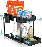 Fiekoth Height Adjustable Bathroom Cabinet Organizer with 2 Sliding Drawers，2-Tier Under Sink Organizers and Storage with Hooks for Bathroom, Kitchen, Cabinet, Countertop (Double Slide Drawers)